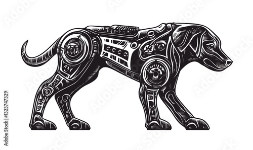 Robotic dog with detailed mechanical patterns, futuristic animal art design, flat icons set, vector.