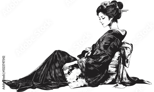 Traditional japanese geisha in kimono resting - linear icons set, vector, flat style.