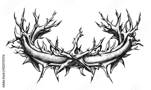 Crown of thorns design, monochrome, symbolic art, linear style, icons set, vector.