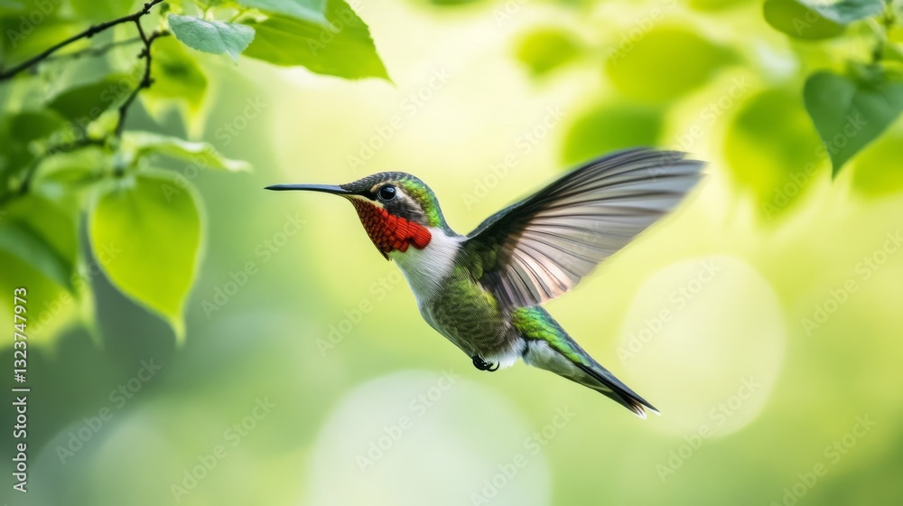 Fototapeta premium A hummingbird in mid-flight hovers amidst lush foliage, showcasing its iridescent plumage against the soft, blurred background of a vibrant garden.