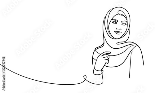 Young muslim woman in burqa, continuous line art drawing. Emirati Women's Day. Woman in a hijab. Vector illustration isolated on white background