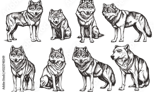 Wolf pack with various poses, monochrome, detailed wolf illustrations, animal design icons set, linear vector.