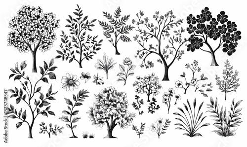Hand-drawn tree and plant icons set in black and white, floral art collection, vector, linear style.
