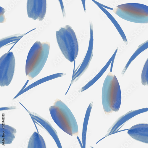 seamless vector design, blue tulips flower pattern with leaves on white background