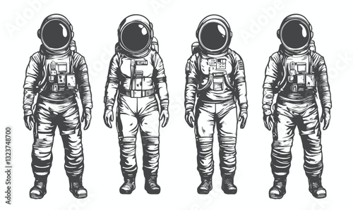 Collection of detailed astronaut figures in space suits, linear icons set, vector.