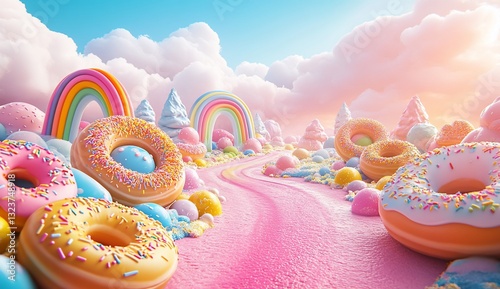 Candy land road filled with doughnuts, colorful trees, & rainbows on a dreamy sky