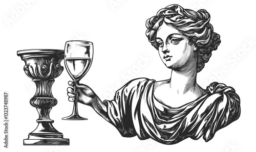 Classical bust with wine glass icon set, linear style, vector.