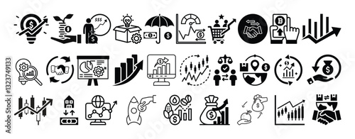 Stock Market, Trading, Graph, Candlestick Charts, Business and Investment icon set collection vector  design.