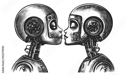 Futuristic robot couple kissing with detailed mechanical features in linear icons set, vector.