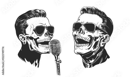 Skeleton singers with microphone, flat icons set, vector.