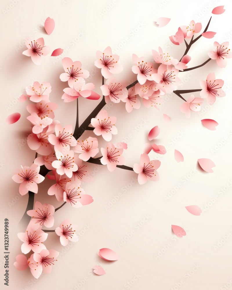 Generic floral branch with pink flowers and falling petals on a light background Generic floral branch with pink flowers and falling petals on a light background