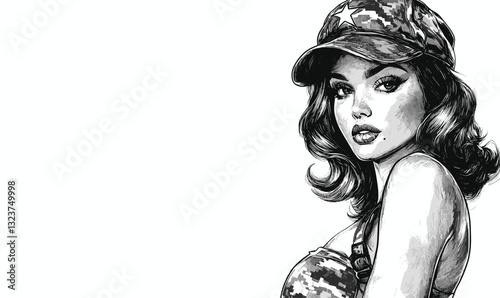 Woman in camouflage hat with star, retro army style, grayscale, vector, linear icons set.