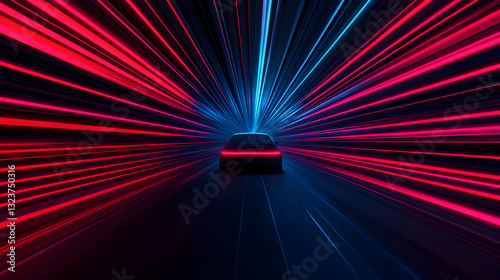 Rear view motion dynamic light trails from a car in a neon futuristic cityscape
