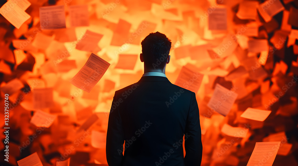 Businessman facing chaos of papers office photograph dynamic rear view stress management
