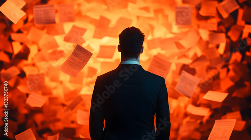 Obraz na płótnie Businessman facing chaos of papers office photograph dynamic rear view stress management w salonie