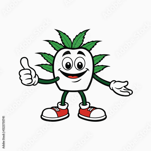 Cute cannabis weed mascot logo design. Smiling Marijuana Leaf Cartoon Character minimalist head logo, Icon, element. Vector illustration