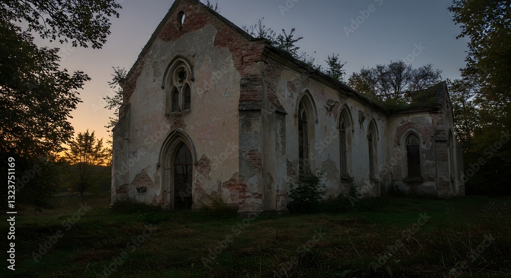 Obraz premium Crumbling abandoned church with overgrown vegetation at twilight