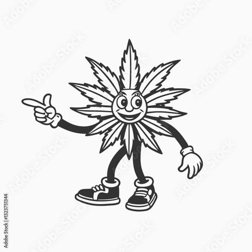 Cannabis leaf cartoon character sitting on his feet smoking joint. Retro ganja with face mascot concept vector illustration