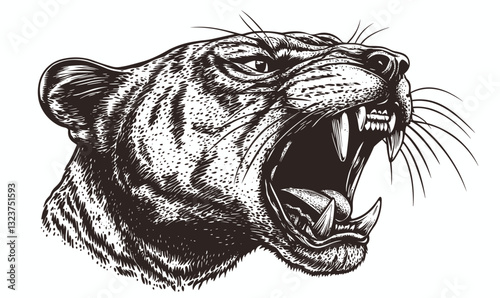 Fierce tiger head roaring illustration in black and white, vector, linear style, animal icon set.