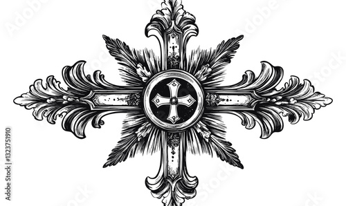 Ornate cross with floral and feather details, intricate linear icons set, vector.