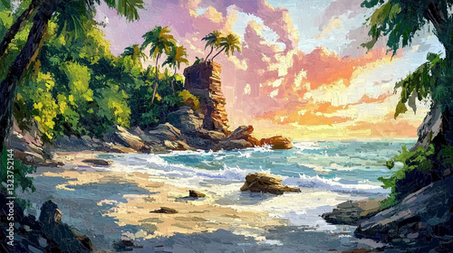 A Tranquil Beach with Colorful Sunset Skies