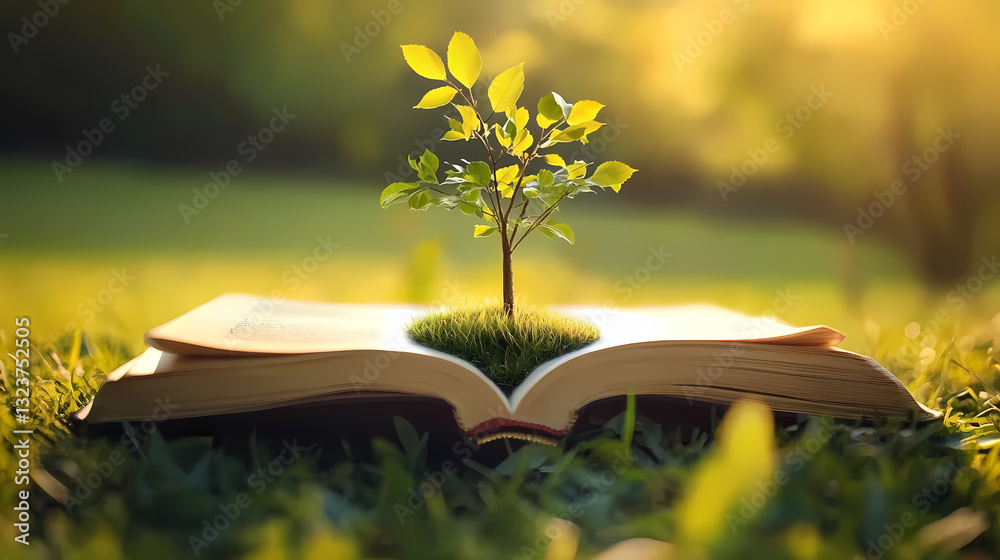 Open book with a small tree growing from its pages