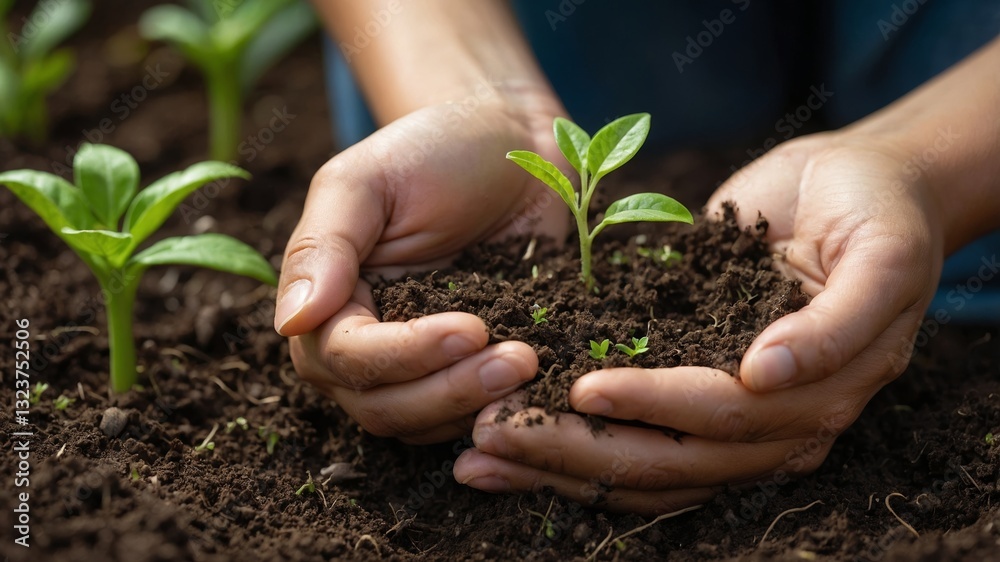 Hands holding a small green plant, symbolizing new life and growth Hands holding a small green plant, symbolizing new life and growth
