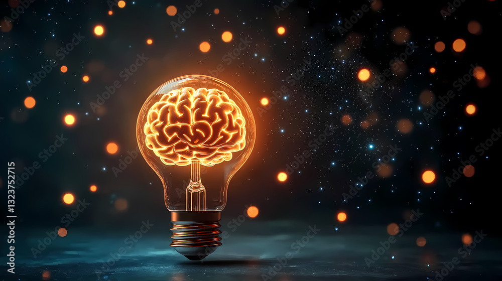 Glowing light bulb with brain inside