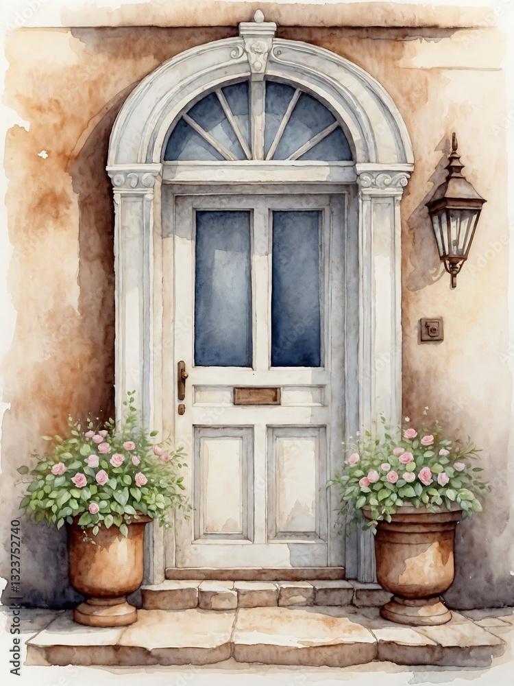 Fototapeta old wooden door with flowers, watercolor