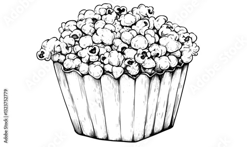 Popcorn bucket sketch in flat linear style, snack food icons set, vector.