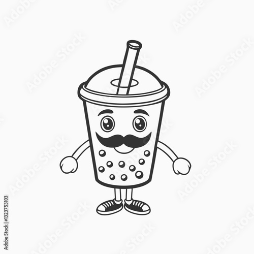 Bubble tea with mustache cartoon mascot Logo. Pearl milk tea vector silhouette graphics illustration