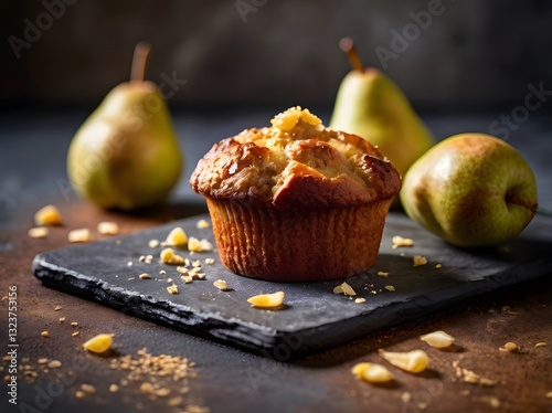 Pear Muffin: A warm pear muffin served on a modern slab, with a soft, blurry background. The muffin features a rich, moist texture and is infused with fresh pear chunks.