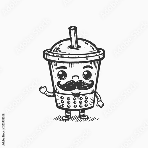 Bubble tea with mustache cartoon mascot Logo. Pearl milk tea vector silhouette graphics illustration