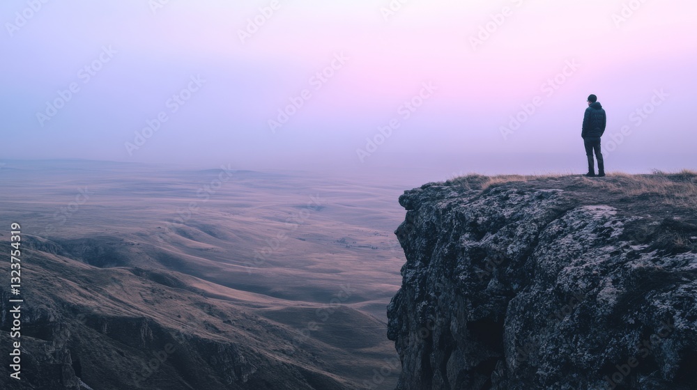 Obraz premium A lone figure gazes over endless rolling plains under a violet dawn, evoking solitude and reflection.