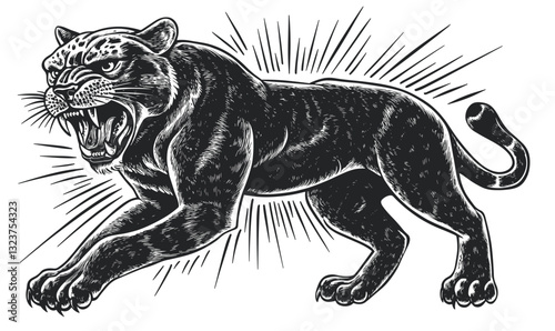 Roaring panther with stylized lines, black and white flat icons set, vector.