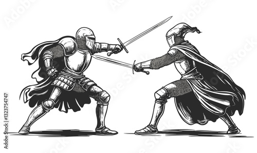 Medieval knights engaged in battle, swords duel vector, linear style icons set.
