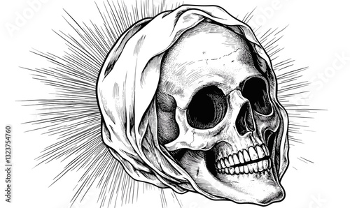 Skull with shroud illustration - radiant effect, black and white linear icons set, vector.
