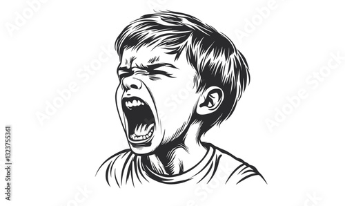 Angry child screaming - emotional expression vector, linear style icons set.