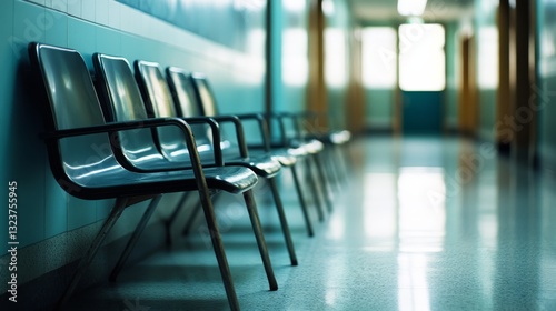 Empty chairs line a brightly lit corridor, capturing the stillness and expectancy of a waiting area's quiet anticipation.