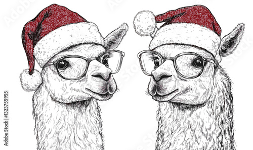 Festive alpacas wearing santa hats with glasses - christmas holiday fun - vector, linear icons set.