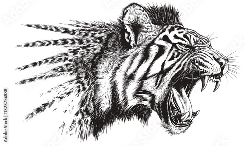 Roaring tiger with dynamic motion lines, detailed linear art icons set, vector.