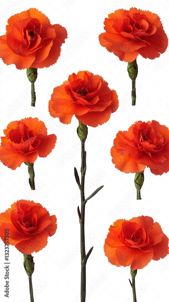 Fototapeta premium Set of Nine vibrant red carnations isolate