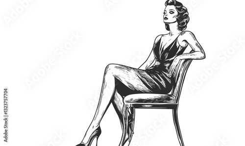 Elegant woman in evening gown sitting on chair, retro style, vector, linear icons set.