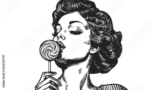 Woman enjoying lollipop, retro style icons set, linear vector.