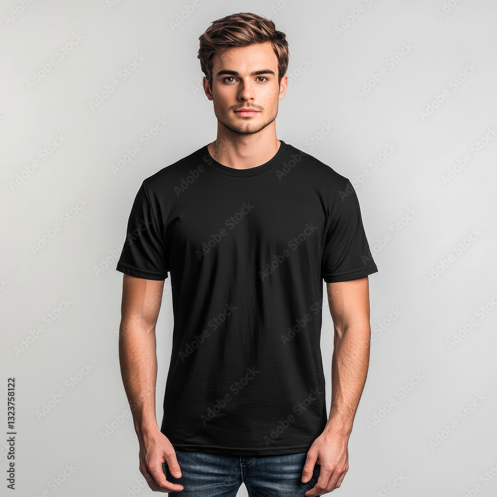 A handsome young man presents a strong demeanor in a black t-shirt against a light background, exemplifying modern male fashion and attitude. A handsome young man presents a strong demeanor in a black t-shirt against a light background, exemplifying modern male fashion and attitude.
