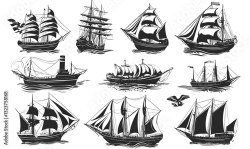 Vintage sailing ships illustrations, nautical vessel collection icons set, classic marine vector, linear style.