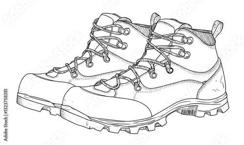 Hiking boots illustration, outdoor footwear designs, trekking equipment, linear icons set.