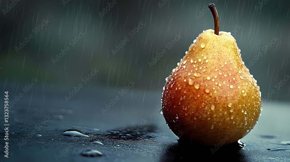 Pear in the rain with water droplets