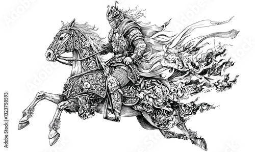 Intricate medieval knight on charging horse with flowing ribbons, dynamic line art, icons set, linear vector.