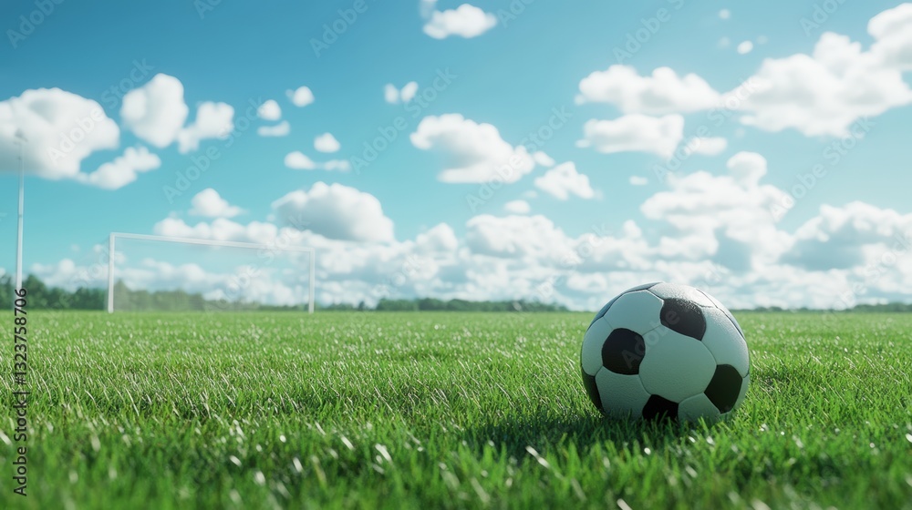 Soccer Field Dreams: Capturing the essence of a soccer field, featuring a soccer ball resting on vibrant green grass, with a goal in the background, under a bright blue sky dotted with fluffy clouds. Soccer Field Dreams: Capturing the essence of a soccer field, featuring a soccer ball resting on vibrant green grass, with a goal in the background, under a bright blue sky dotted with fluffy clouds.